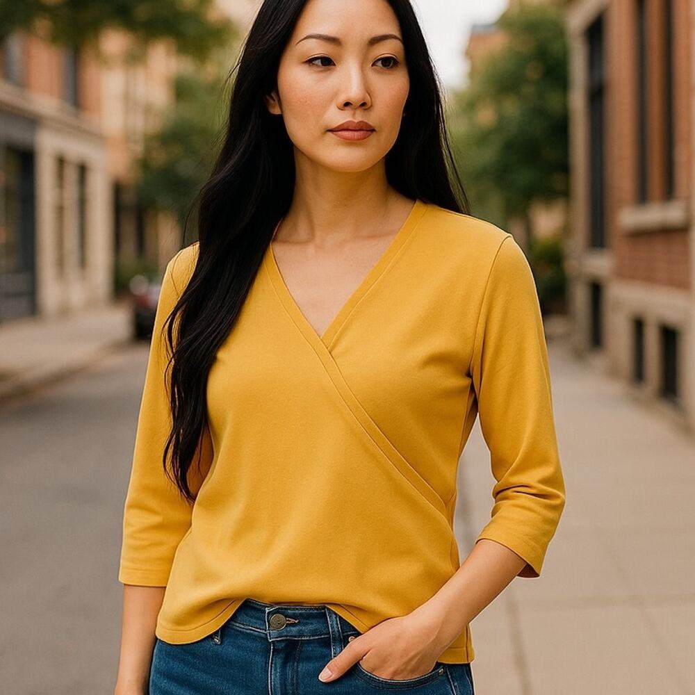 Golden Yellow Cotton V-Neck Wrap Style Top by HANNAH ~ Women's Size MEDIUM